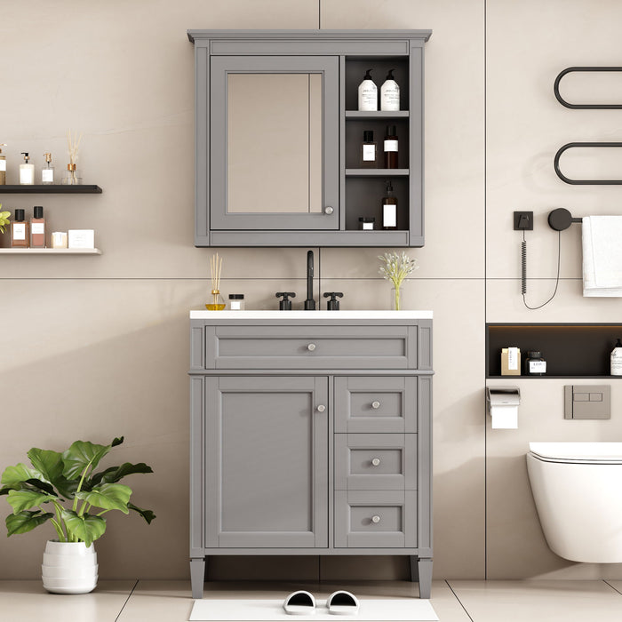Gray Giga bathroom vanity with sink, freestanding cabinet, mirror, two doors, and three drawers for modern bathroom storage.