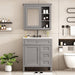 Gray Giga bathroom vanity with sink, freestanding cabinet, mirror, two doors, and three drawers for modern bathroom storage.