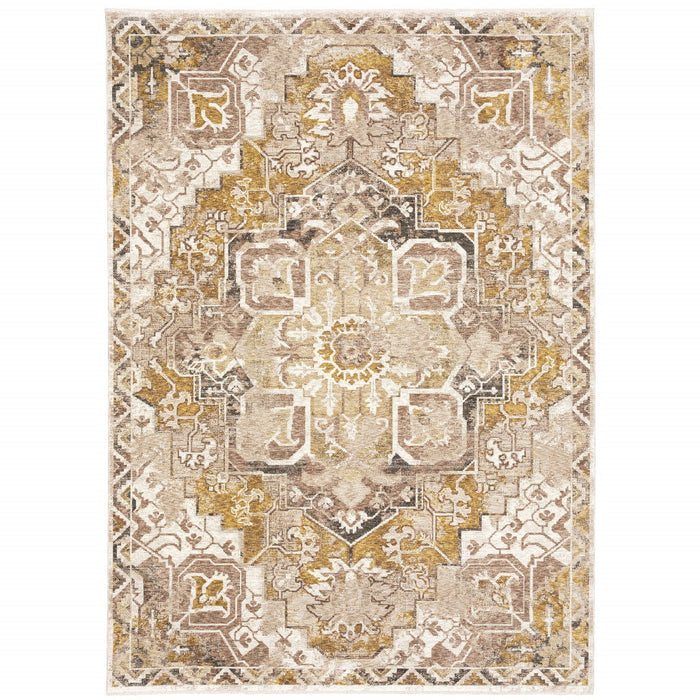 8' x 11' Oriental Power Loom Stain Resistant Area Rug With Fringe - Gold And Ivory