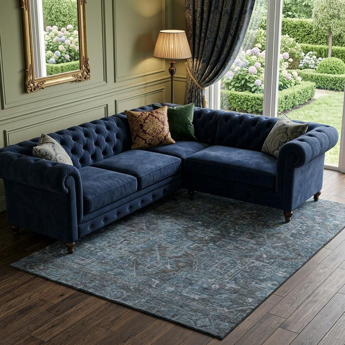 10' X 14' Medallion Distressed Washable Area Rug With UV Protection (649756) - Navy Blue / Gray