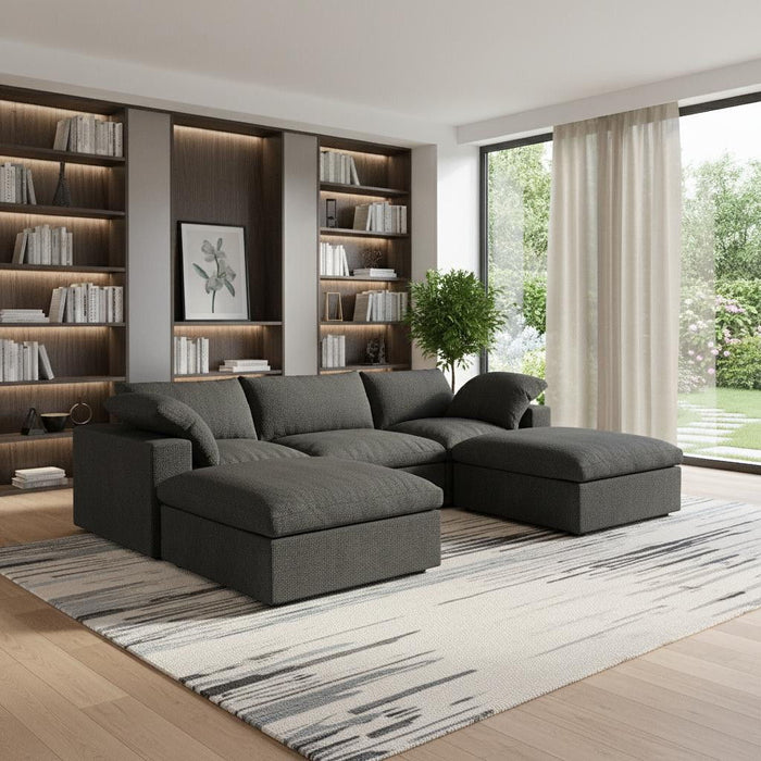 Two Piece Living Room Set Blend Modular Sofa With Ottoman Storage - Black