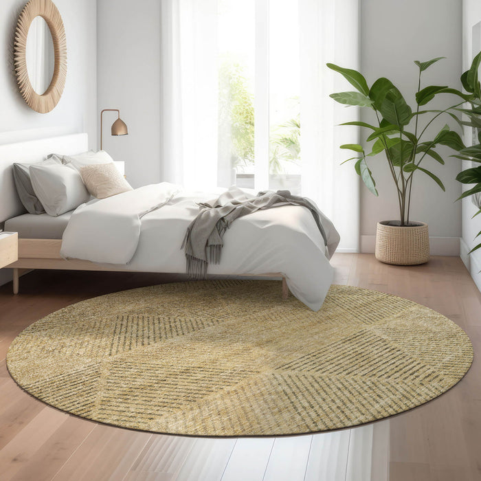 8' Geometric Washable Round Rug With UV Protection - Wheat And Beige