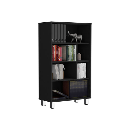 Black Giga standard bookcase with 6 shelves and 4 legs, ideal for home or office storage and organization.