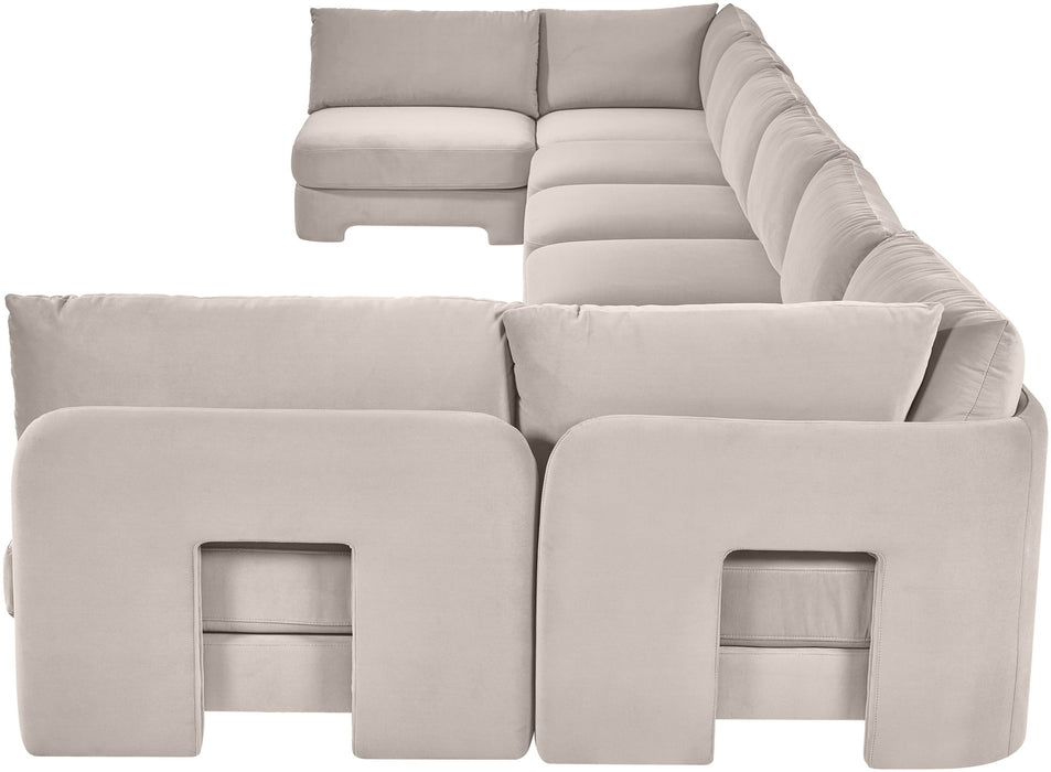 Beige Hammond velvet upholstered 8-piece U-shaped sectional sofa by Meridian Furniture, armless stationarity, stylish and comfortable.