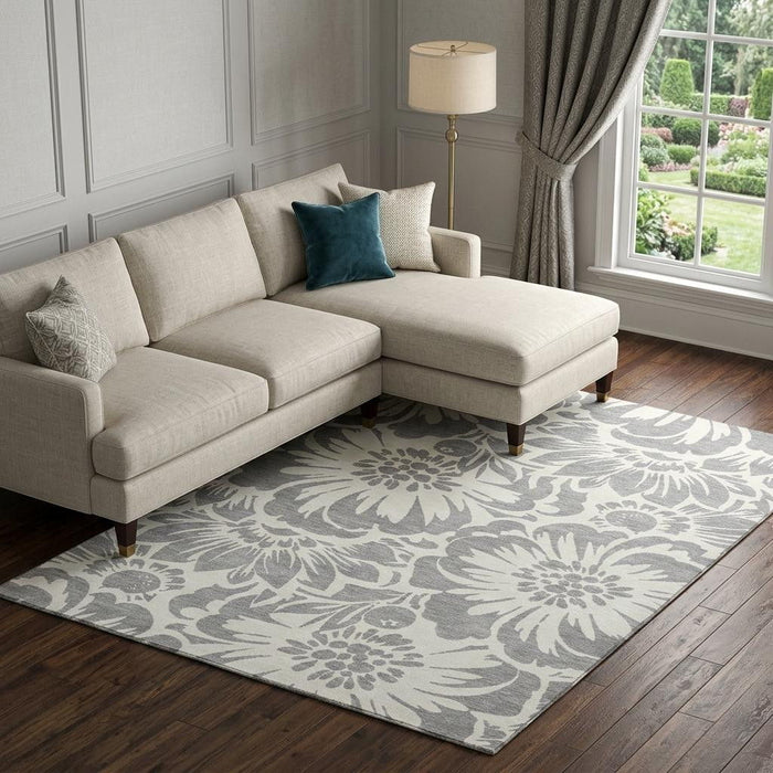8' X 10' Floral Washable Area Rug With UV Protection (648650) - Gray / Ivory