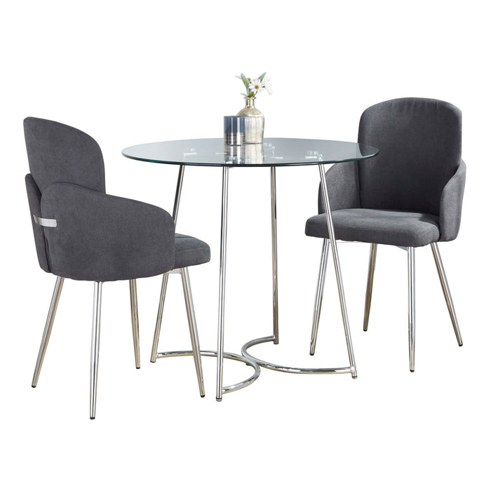 Cece - Dahlia 3 Piece Dining Set - Chrome Metal, Clear Glass, Gray Fabric