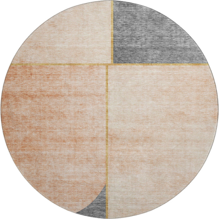 8' Geometric Washable Round Rug With UV Protection (657494) - Coral / Gray / Gold