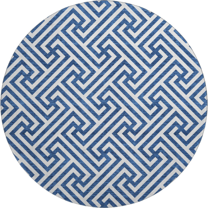 8' Transitional Geometric Washable Round Rug With UV Protection - Blue