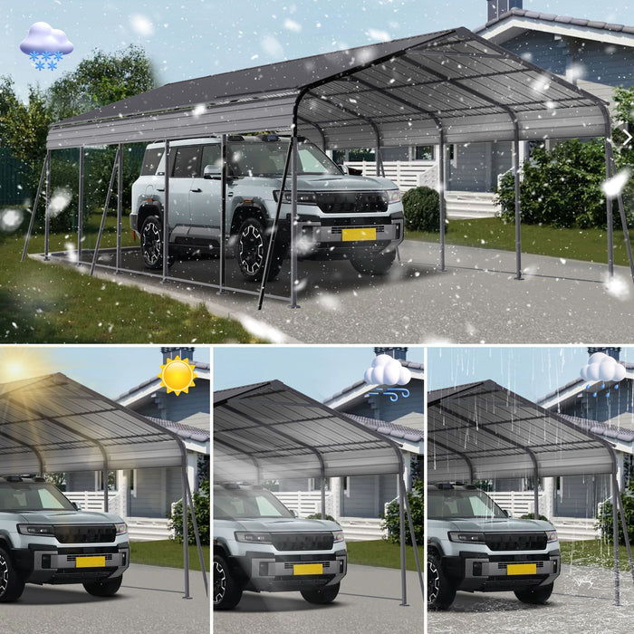 Gray Giga metal carport 13x26.5 ft with galvanized steel roof and frame, outdoor garage canopy for cars, boats, and trucks.