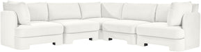 Velvet beige sectional sofa by Meridian Furniture with five pieces, upholstered in plush fabric, in a stylish corner design