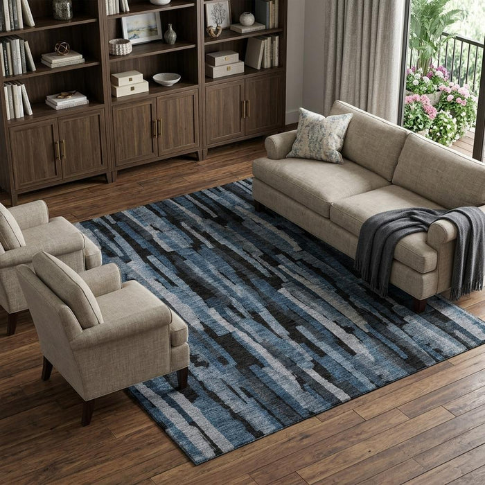 10' X 14' Striped Washable Area Rug With UV Protection (683776) - Blue / Charcoal / Silver