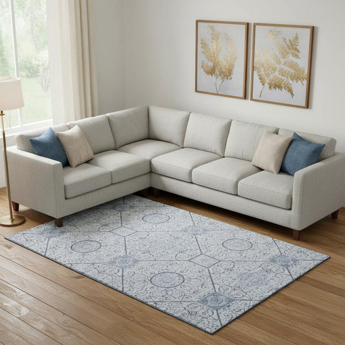 10' X 14' Geometric Washable Area Rug With UV Protection (700035) - Blue / Ivory