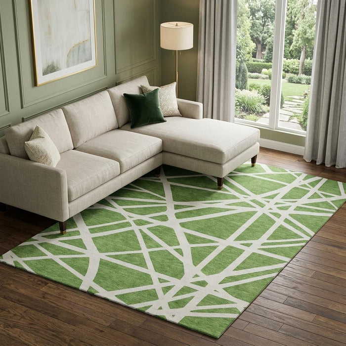 10' X 14' Geometric Washable Area Rug With UV Protection (681599) - Green / Ivory