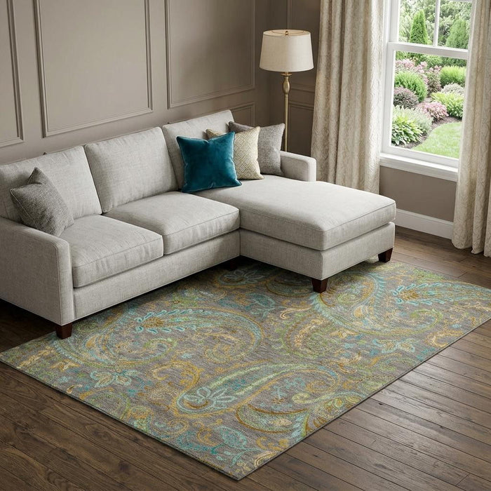 8' X 10' Paisley Distressed Washable Area Rug With UV Protection (648002) - Taupe / Green / Blue