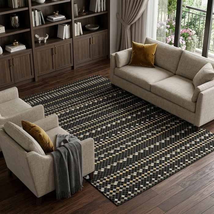 10' X 14' Striped Washable Area Rug With UV Protection (693516) - Black / Gold / Silver
