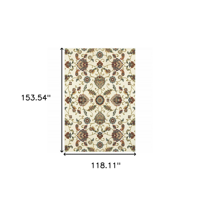 10' x 13' Floral Power Loom Stain Resistant Area Rug - Ivory Green Blue Red Salmon And Yellow