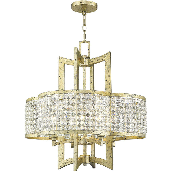 24-inch gold and clear metal chandelier with four shades, dimmable lighting, designed by HomeRoots.