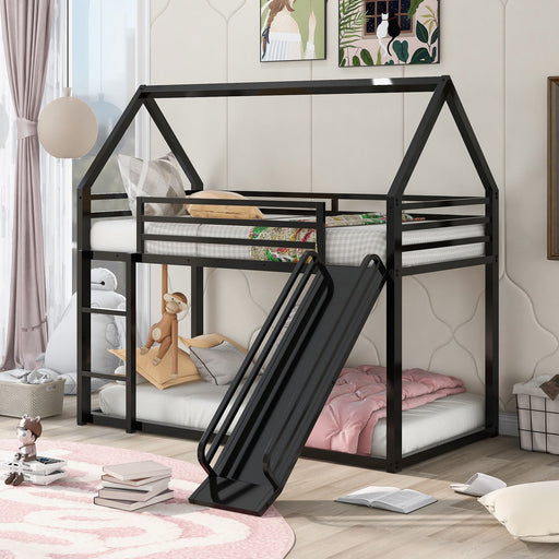 Giga twin over twin house bunk bed with ladder and slide, featuring a cozy wooden frame and playful design for kids' bedroom.