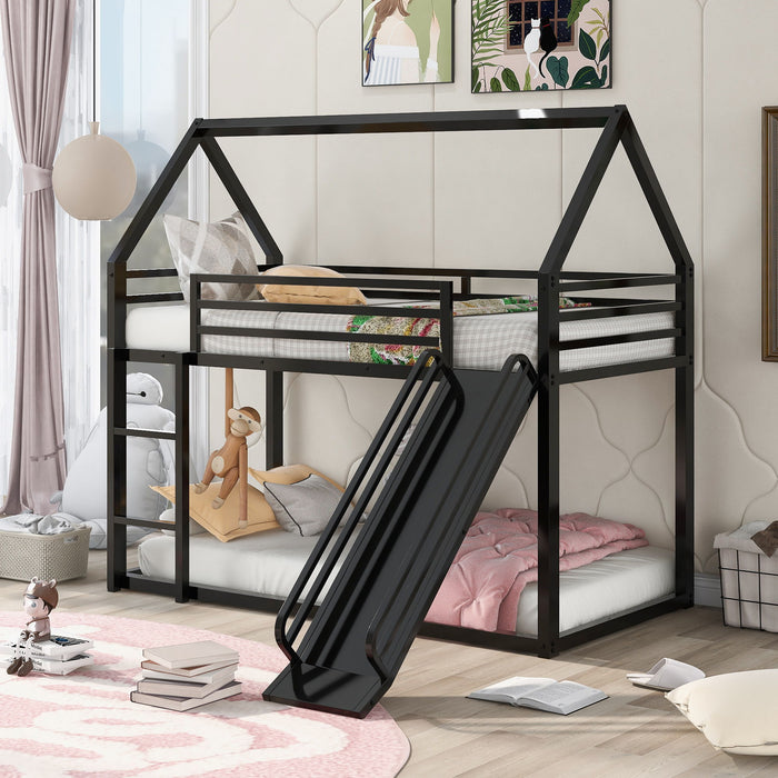 Giga twin over twin house bunk bed with ladder and slide, featuring a cozy wooden frame and playful design for kids' bedroom.