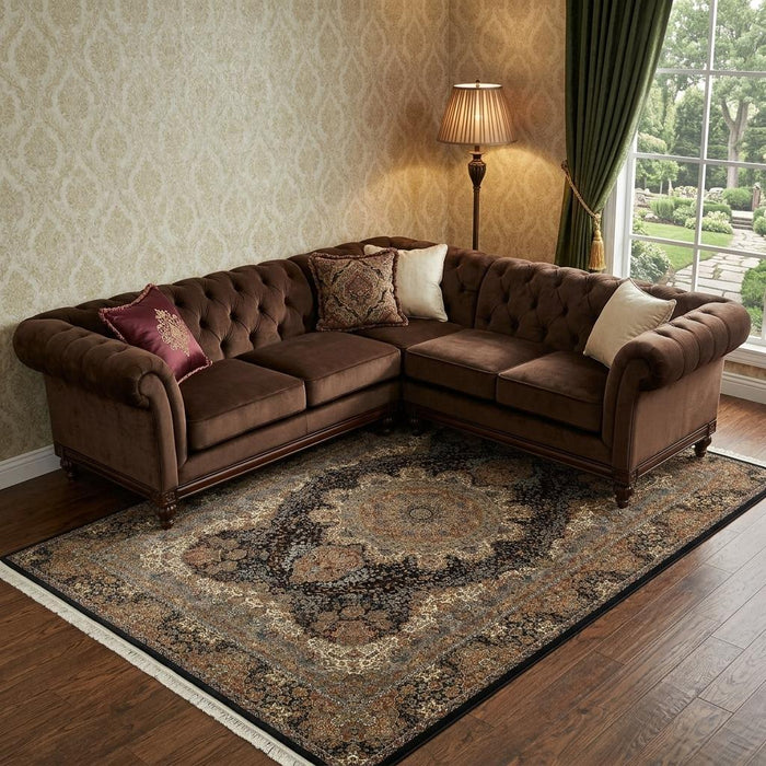 7' X 10' Medallion Area Rug With Fringe (574466) - Dark Blue / Black / Teal