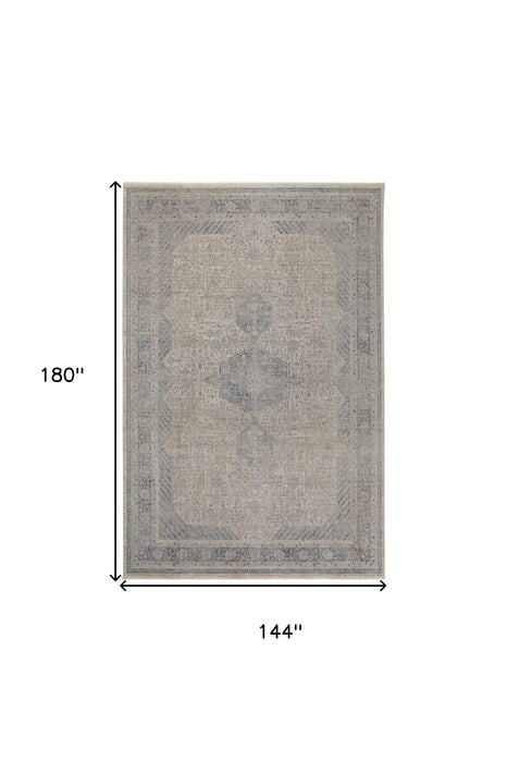 12' x 15' Oriental Power Loom Worn Faded Area Rug With Fringe - Gray Blue And Taupe
