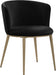 Set of two Meridian Furniture Skylar dining chairs with gold metal legs and upholstered seats, showcasing modern design.