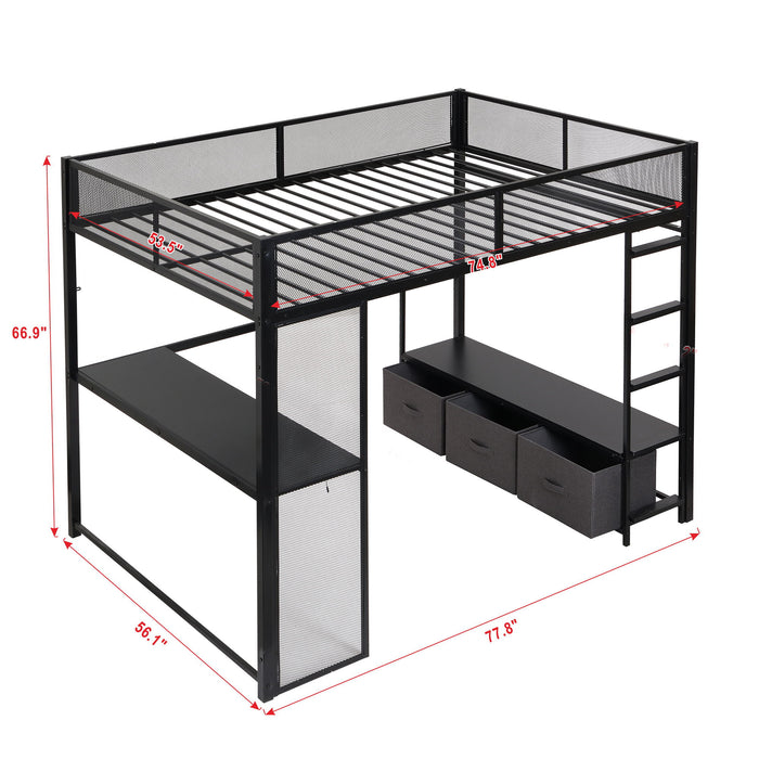 Black Giga full-size gaming loft bed with LED desk, open wardrobe, and three linen storage drawers, showcasing a modern bedroom setup.