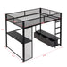 Black Giga full-size gaming loft bed with LED desk, open wardrobe, and three linen storage drawers, showcasing a modern bedroom setup.
