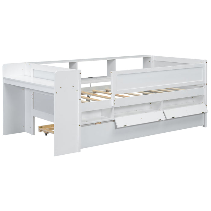 White Giga twin daybed with built-in drawers, trundle, headboard storage, study desk, and USB charging station for versatile sleeping space.