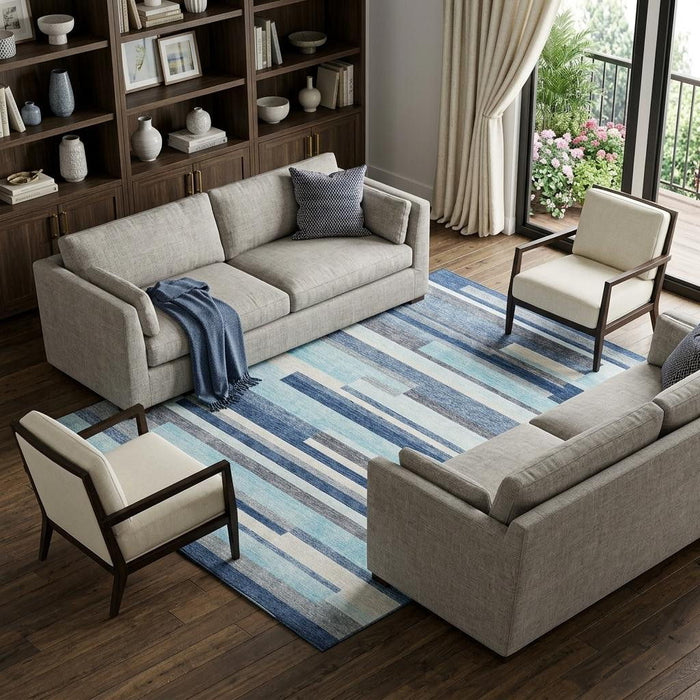 10' X 14' Striped Washable Area Rug With UV Protection (675756) - Blue / Ivory / Gray