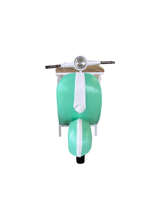 Green and white novelty scooter accent cabinet with two shelves by HomeRoots, featuring a playful open cabinet design.