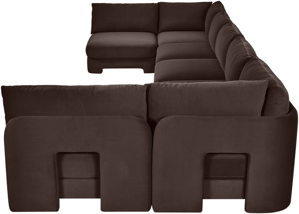 Velvet Meridian Furniture 7-piece U-shaped sectional sofa with armless design, featuring plush upholstery and modern style.