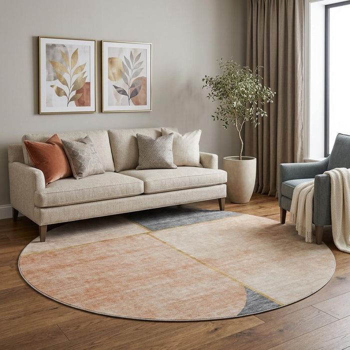 8' Geometric Washable Round Rug With UV Protection (657494) - Coral / Gray / Gold