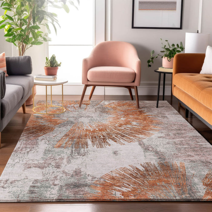 10' X 14' Abstract Washable Area Rug With UV Protection - Terra Cotta And Gray