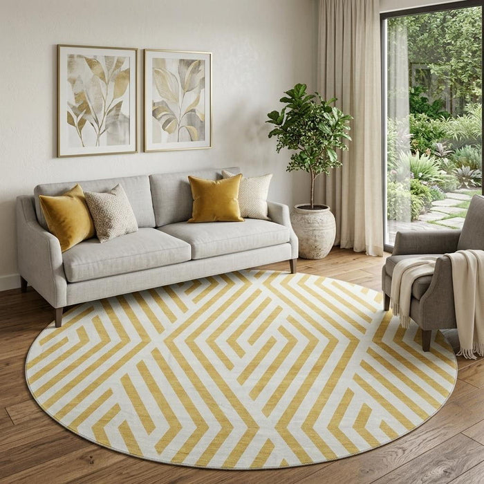 8' Geometric Washable Round Rug With UV Protection (648535) - Gold / Ivory