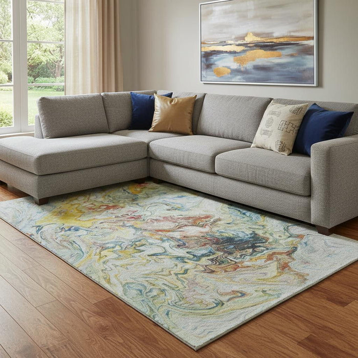 9' X 12' Abstract Washable Area Rug With UV Protection (650961) - Ivory / Yellow / Blue