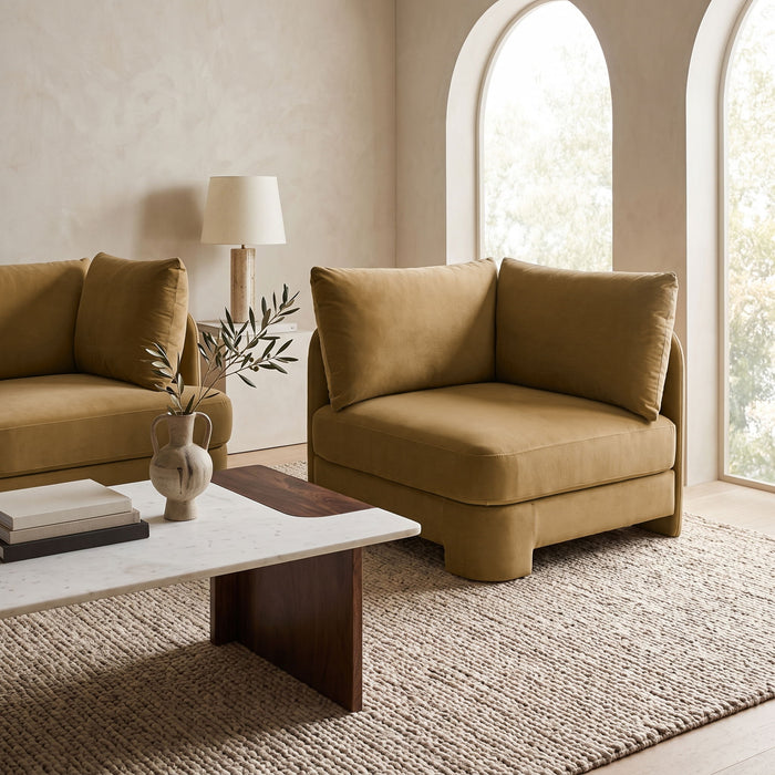 Velvet upholstered corner chair by Meridian Furniture, stationary with plush fabric, modern design, and comfortable cushioning.