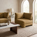 Velvet upholstered corner chair by Meridian Furniture, stationary with plush fabric, modern design, and comfortable cushioning.