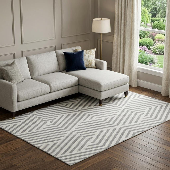 8' X 10' Geometric Washable Area Rug With UV Protection (648542) - Gray / Ivory