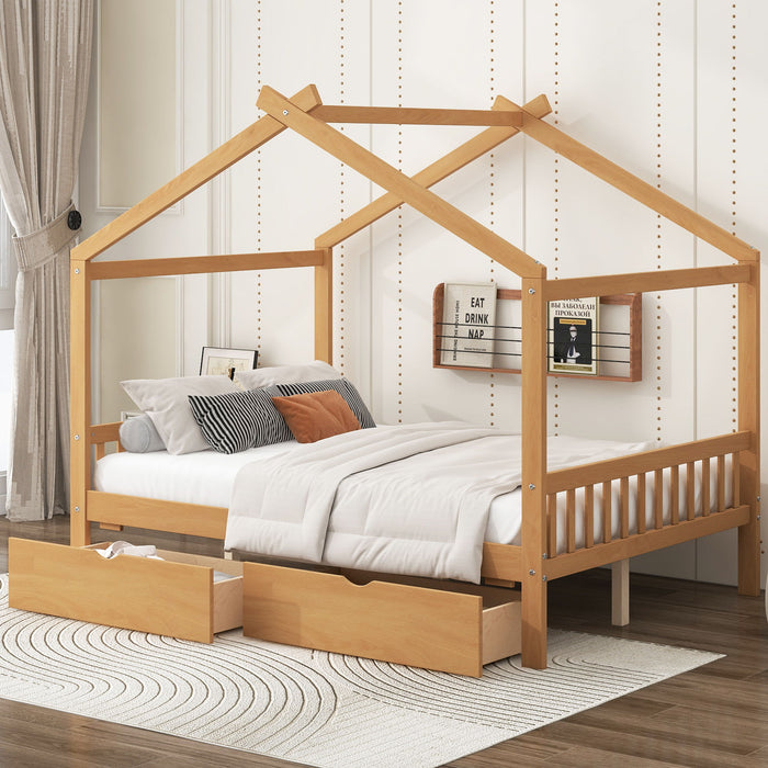 Giga house-style platform storage bed with headboard, footboard, two drawers, and roof design in a modern bedroom setting