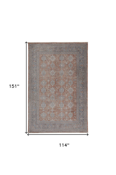 9' x 13' Oriental Power Loom Worn Faded Area Rug With Fringe - Blue And Red