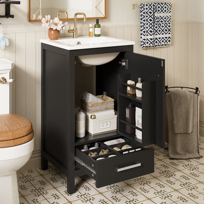 Giga bathroom vanity with ceramic sink, soft-close drawers, door organizer, drawer divider, and adjustable foot pads.