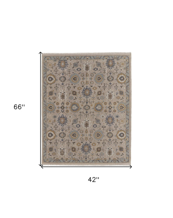 4' x 6' Wool Oriental Hand Knotted Area Rug With Fringe - Tan Brown And Gray