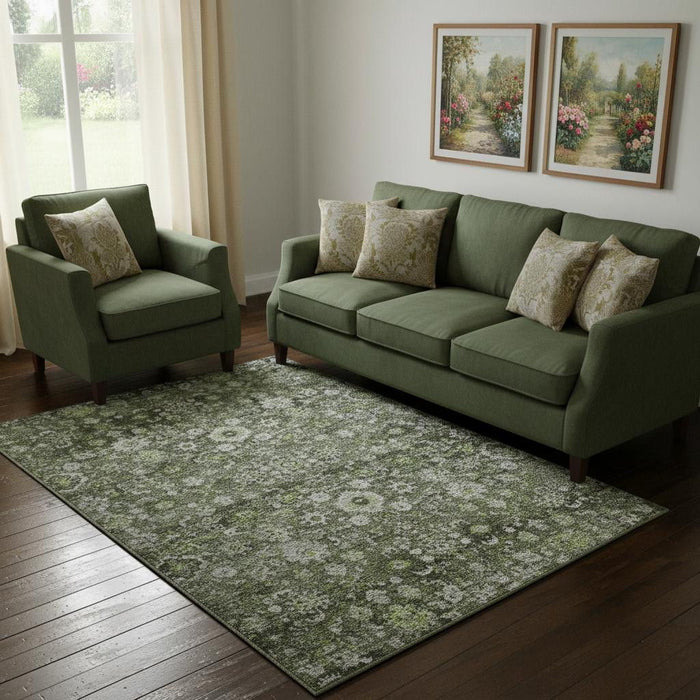 10' X 14' Oriental Washable Area Rug With UV Protection (653773) - Green / Ivory / Gray
