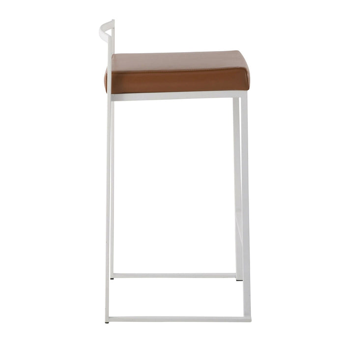 Fuji - 26" Stackable Counter Stool (Set of 3) - White Metal With Camel Faux Leather Cushion