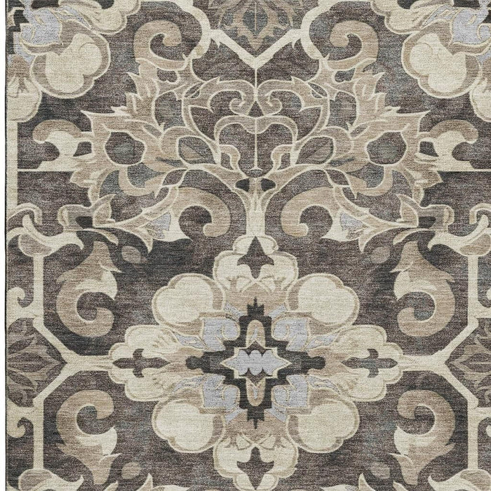 10' X 14' Floral Medallion Washable Area Rug With UV Protection (709072) - Chocolate / Ivory / Gray