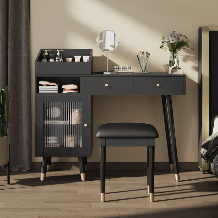 Giga modern black makeup vanity desk with drawers, cabinet, charging port, engineered wood, space-saving design for small spaces