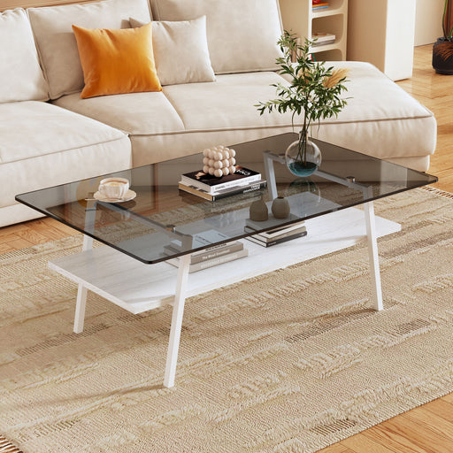 Giga rectangular coffee table with tempered glass tabletop and metal legs, modern living room furniture piece