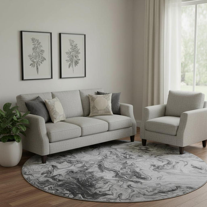 8' Abstract Washable Round Rug With UV Protection (650953) - Gray / Ivory
