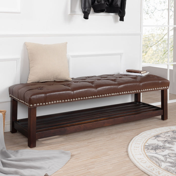 Giga upholstered bedroom end of bed bench with tufted design, nailhead trim, shelf, and footstool for living room or entrance use.